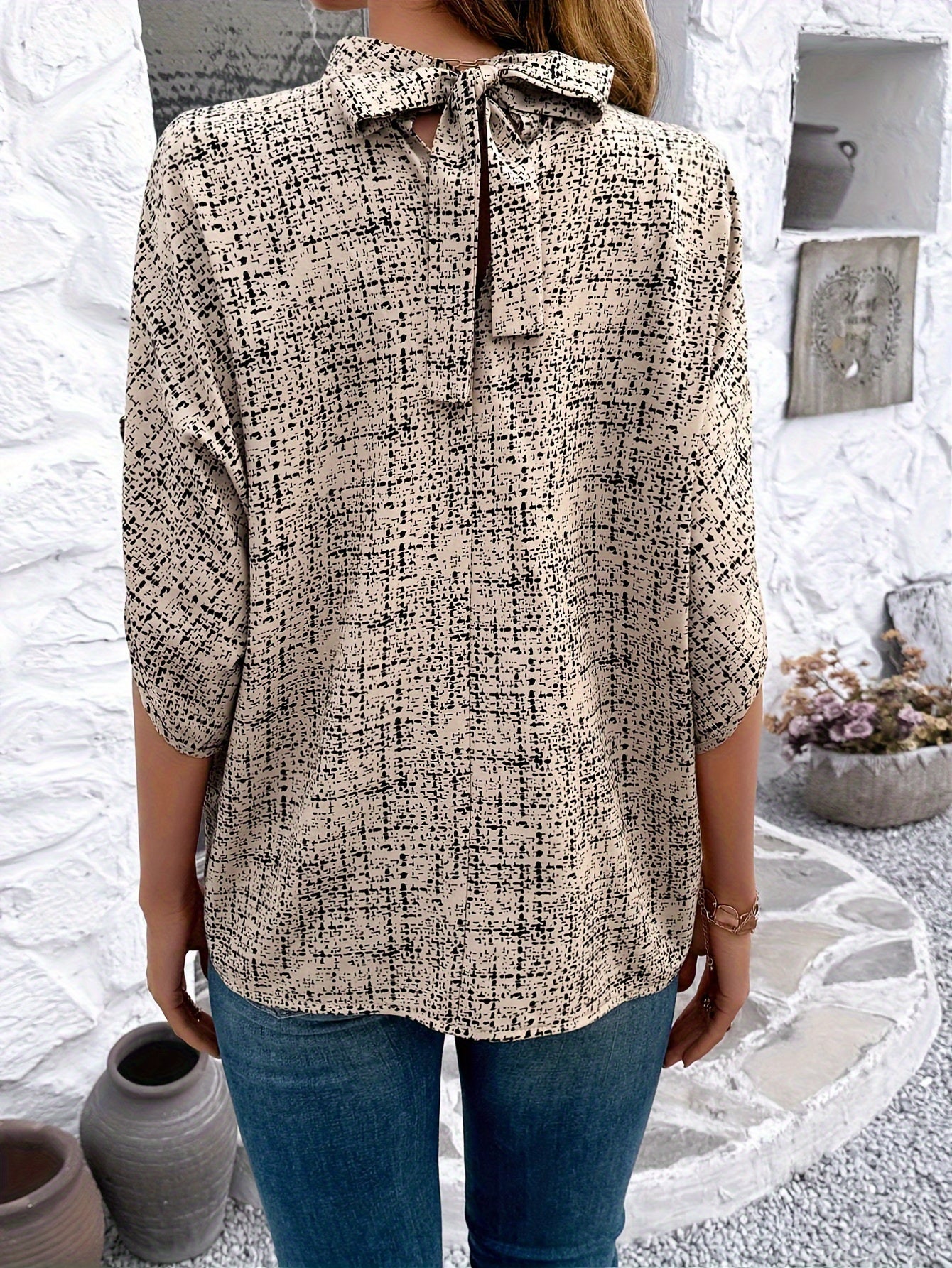 Women's Stand Collar Full Print Bat Sleeve Bow Shirt